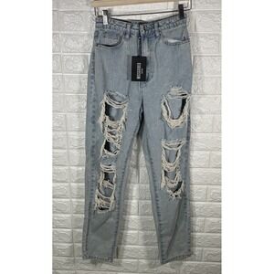 MISSGUIDED DENIM RIOT WOMENS JEANS SIZE 2 HIGH RISE MOM DENIM‎ DISTRESSED